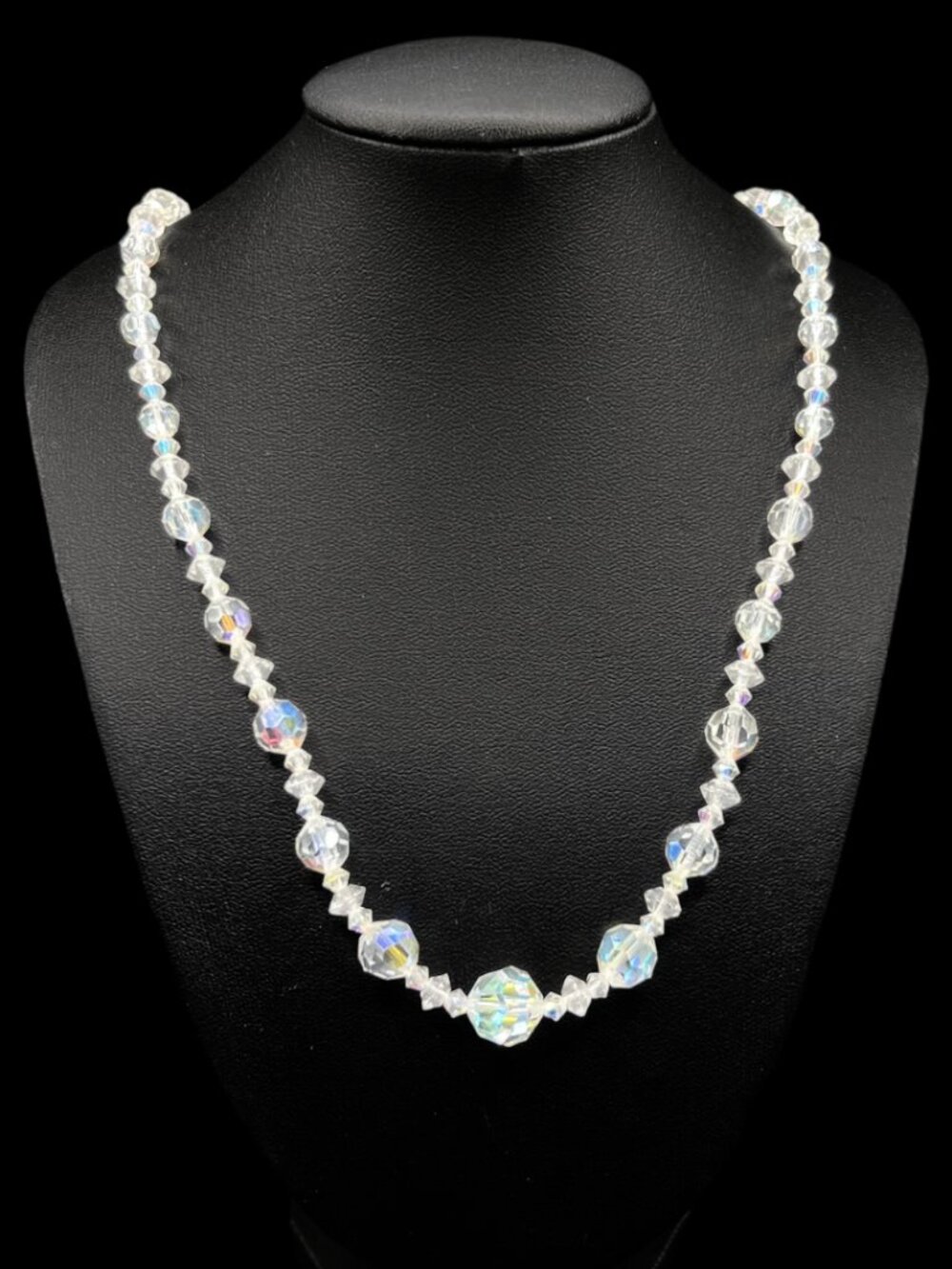 Vintage Aurora Borealis Graduated Bead Necklace With Gold Filigree Clasp 18"